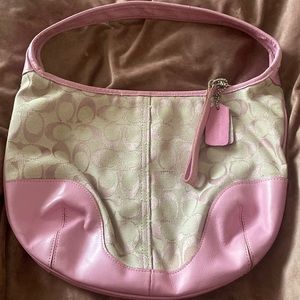 Coach Khaki Pink Signature Jacquard Leather Daisy Outline Crossbody Purse